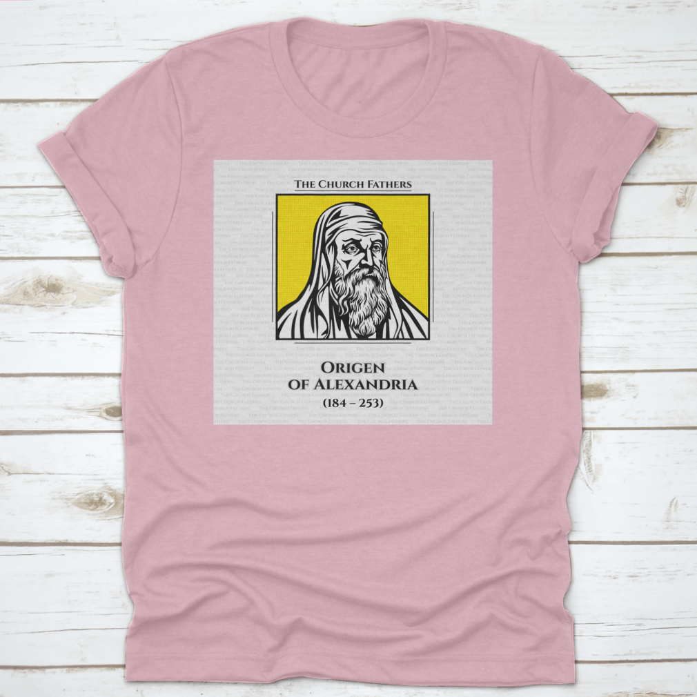 A comfortable cotton t-shirt featuring the Early Christian Scholar Origen, showcasing a classic fit and durable design.